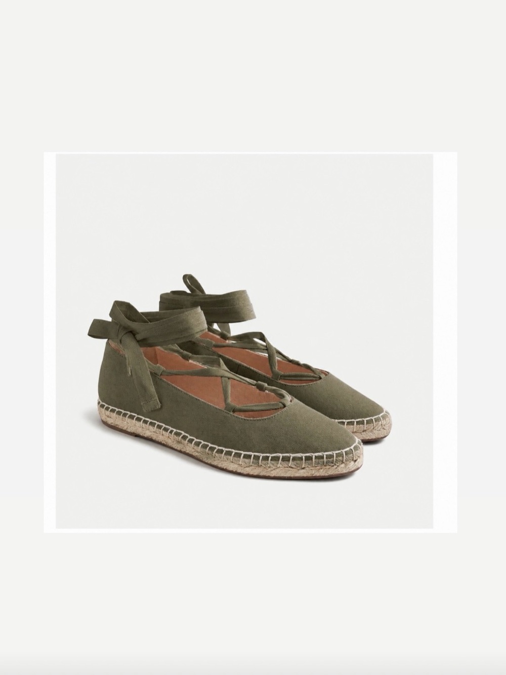 J. Crew Olive Green Lace-Up Canvas Espadrille Made in Spain Flats Excellent Cond